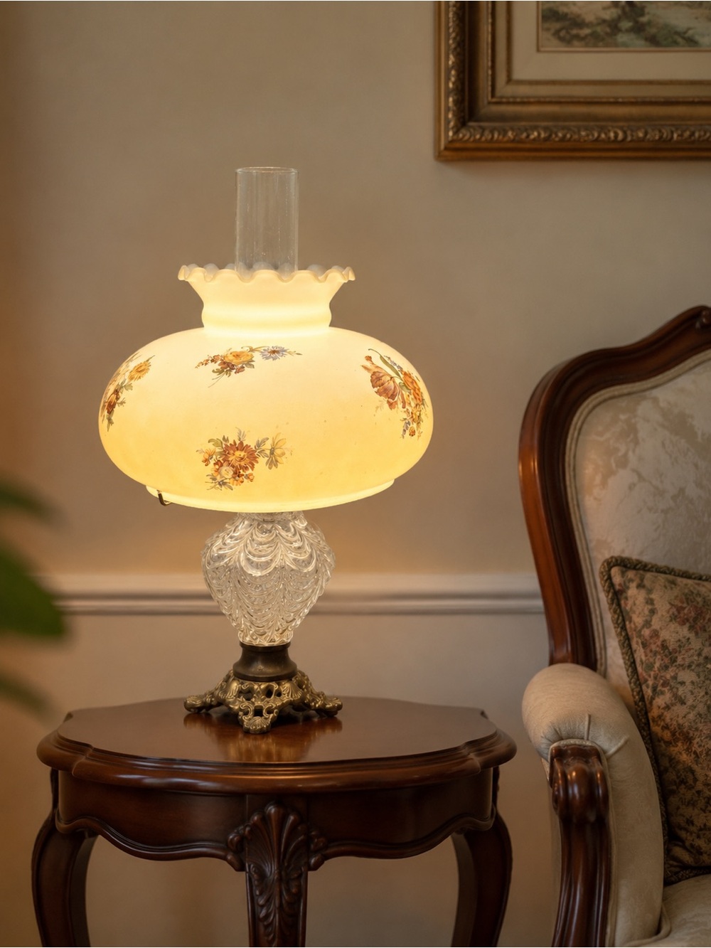 Vintage Victorian Floral Hurricane Lamp – Pressed Glass & Ornate Brass Base